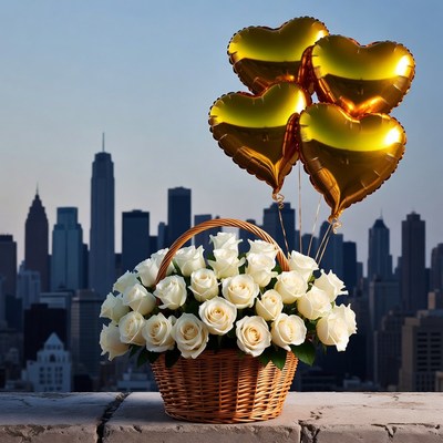 White Roses Basket with Gold Heart Balloons