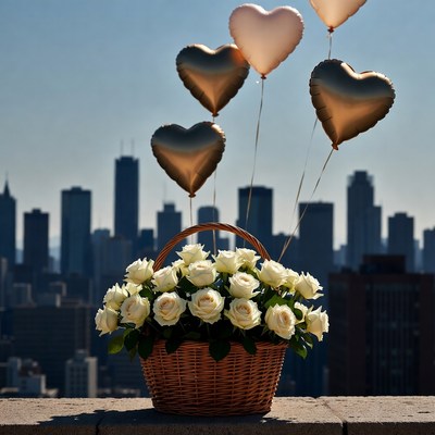 White Roses Basket with Gold Heart Balloons