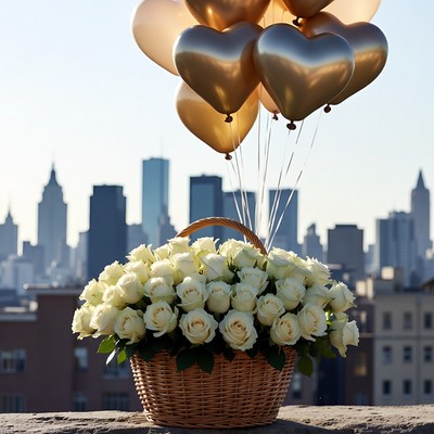 White Roses Basket with Gold Heart Balloons