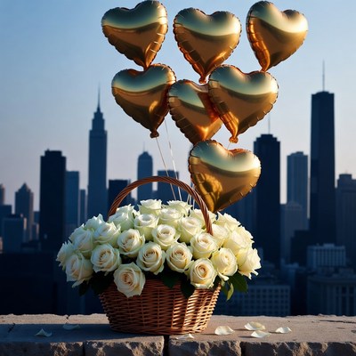 Gold heart balloons white roses skyline