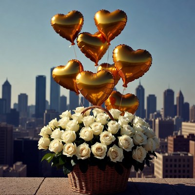 Golden heart balloons white roses skyline
