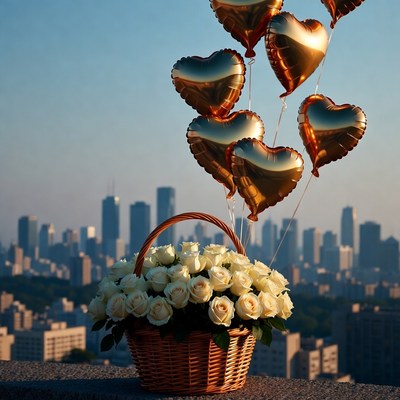 White Roses Basket with Gold Heart Balloons