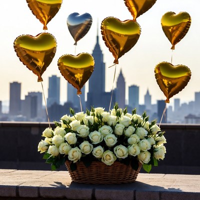 Gold heart balloons white roses NYC skyline