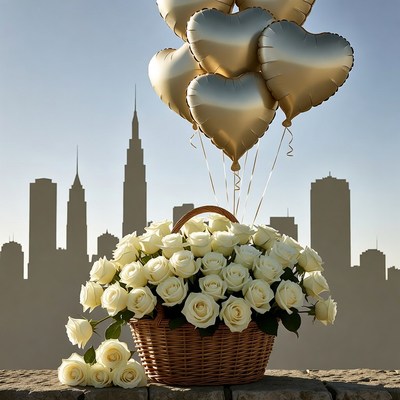 White Roses Basket with Gold Heart Balloons