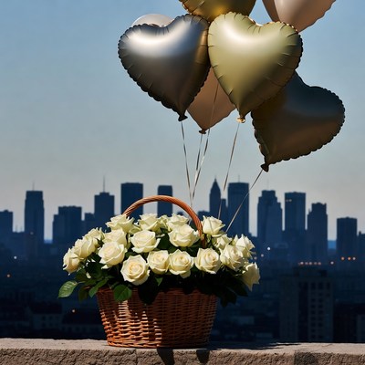 White Roses Basket with Gold Heart Balloons