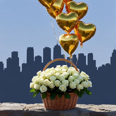 White Roses Basket with Gold Heart Balloons