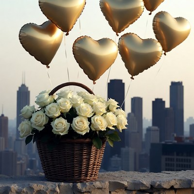 White Roses Basket with Gold Heart Balloons
