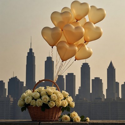 Gold Heart Balloons in Basket with Roses