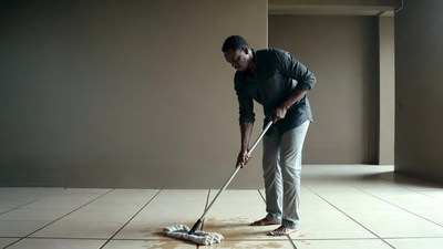 African man mopping floor barefoot