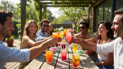 Group toasting colorful cocktails outdoors