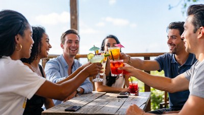 Diverse group toasting cocktails on patio