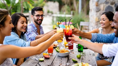 Diverse group toasting cocktails outdoors