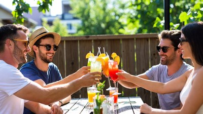 Friends toasting colorful cocktails outdoors