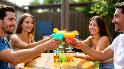 Friends toasting colorful cocktails outdoors