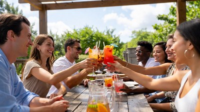 Diverse group toasting drinks outdoors