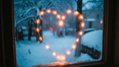 Heart-shaped lights in snowy window
