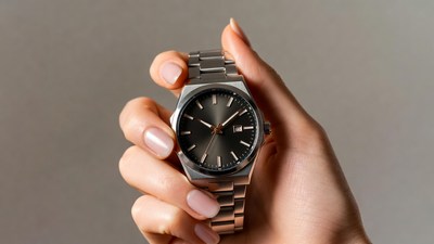 Woman's hand holding steel watch