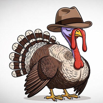 Cartoon Turkey Wearing Fedora Hat