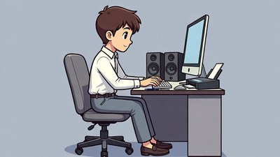 Young man working at computer desk
