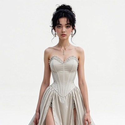 Asian woman in white corset gown