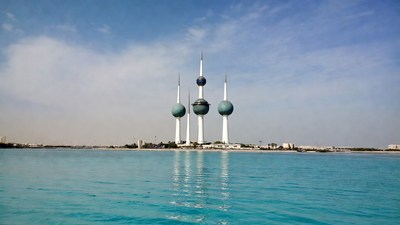 Kuwait Towers over turquoise water