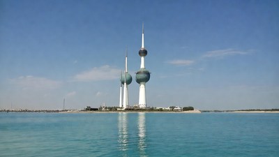 Kuwait Towers on island in sea