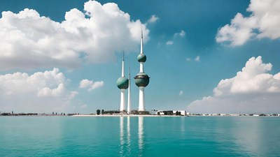 Kuwait Towers over turquoise water