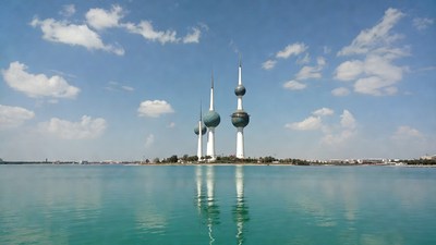 Kuwait Towers over turquoise water