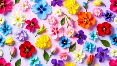 Colorful Flowers Scattered on Pink Background