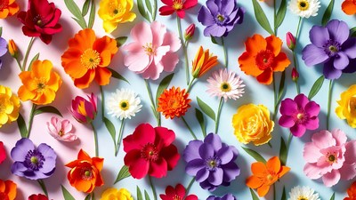Colorful Paper Flowers on Blue Background