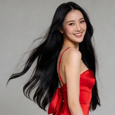 Asian woman in red dress smiling