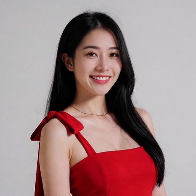 Asian woman in red dress smiling