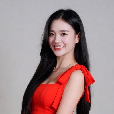 Asian woman in red bow dress