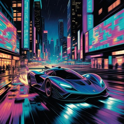 Futuristic Supercar Speeding in Neon Rainy City