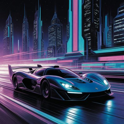 Futuristic Supercar Speeding in Neon City