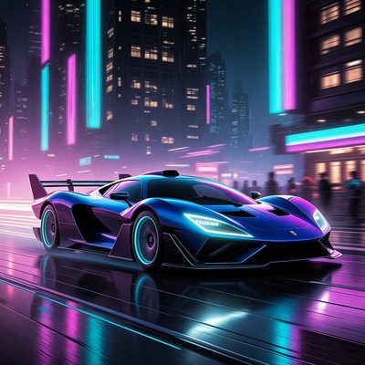 Blue Lamborghini in Neon Cyberpunk City