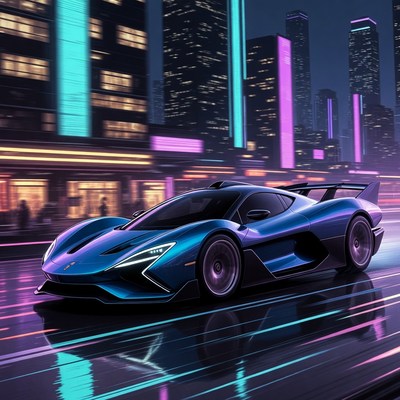 Blue Supercar Driving in Neon City Rain