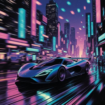 Blue Supercar Driving in Neon City