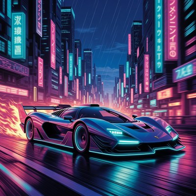 Neon Supercar Driving Rainy Cyberpunk City