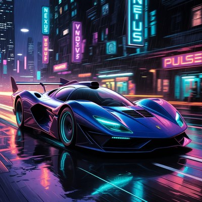 Blue Supercar in Neon Cyberpunk City