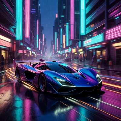 Blue Supercar Speeding in Neon Cyberpunk City