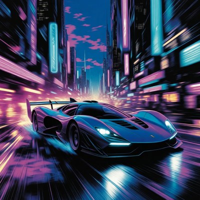 Futuristic Blue Supercar Speeding Neon City