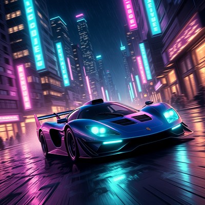 Blue Supercar on Neon Cyberpunk Street