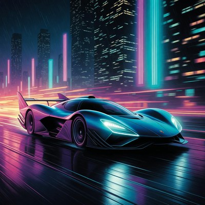 Futuristic Blue Supercar in Neon City