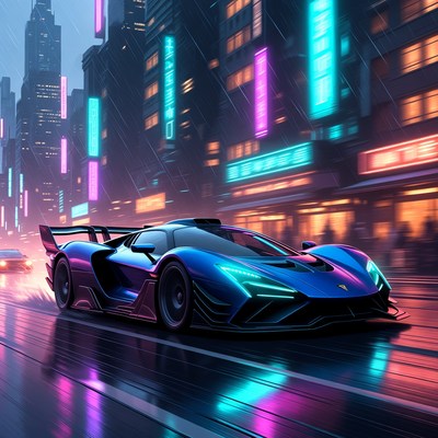 Blue Supercar Speeding in Neon Rainy Cyberpunk City