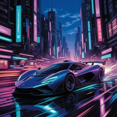 Futuristic Blue Supercar Speeding in Neon City