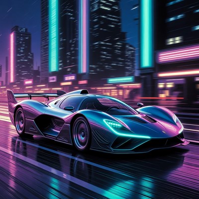 Neon Supercar Driving in Rainy Cyberpunk City