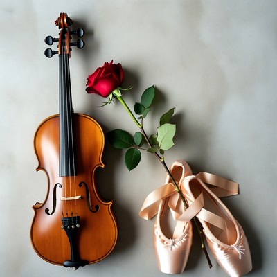 Violin with Red Rose and Ballet Slippers