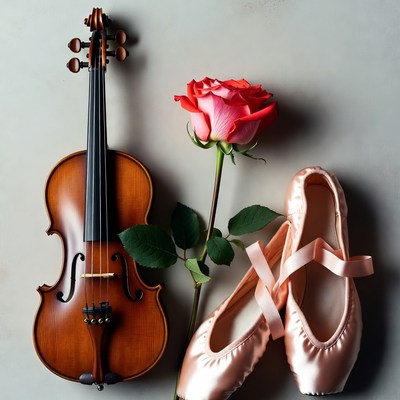 Violin with Red Rose and Ballet Shoes