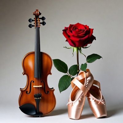 Violin with Red Rose and Ballet Slippers